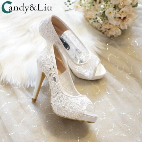 2021 New White Lace Wedding Shoes Water Table Fish Mouth High Heels Wedding Dress Shoes Large Size Womens Single Shoes 42 43