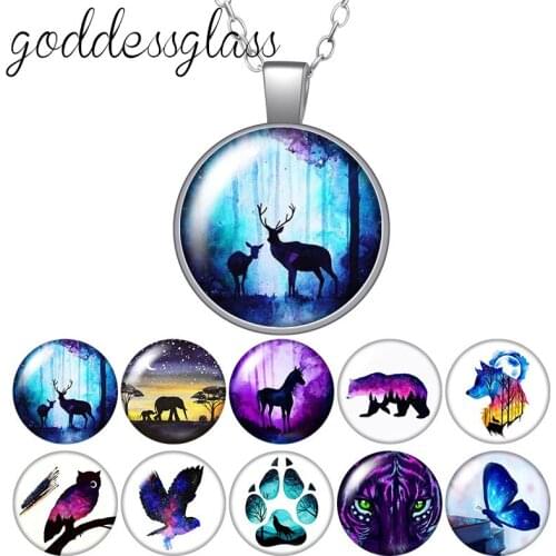 Animals Elk Unicorn Wolf Bear Butterfly Owl Round Glass glass cabochon silver plated/Crystal pendant necklace jewelry for Gift