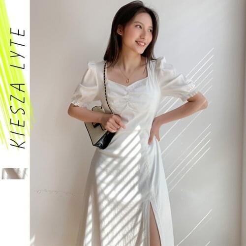Elegant Slim Solid White Dress Vintage Summer 2021 Boho New Short Bubble Sleeve Female Split Party Dresses Vestidos