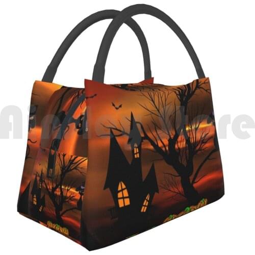 Portable Insulation Bag ?Frog Halloween Pumpkin With Magic Hat In Front Of A Creepy Red Lit Haunted House With