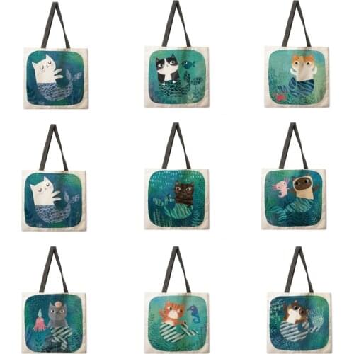 Mermaid cat leisure tote bag linen bag environmental protection shopping bag outdoor beach bag leisure tote bag