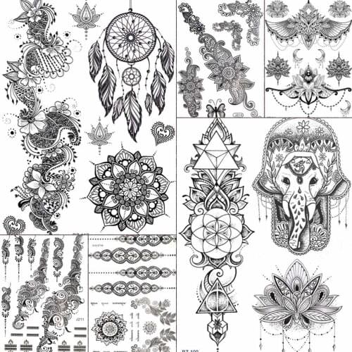 Sexy Dream Catcher Genasha Henna Flower Fake Tattoos Stickers Mandala Rattan Temporary Tattoo Custom Chains Tatto Body Arm Chest