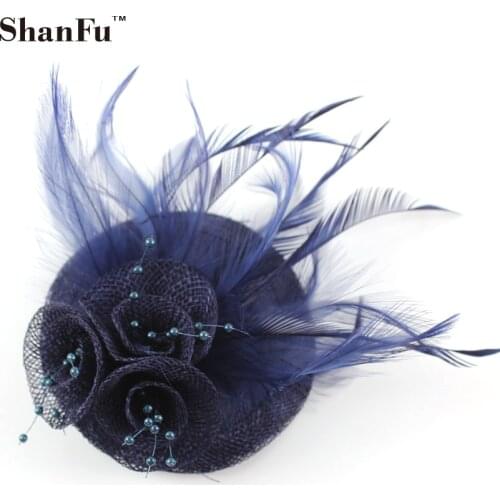 ShanFu Sinamy Flower Fascinators Feather Hair Accessories with Beading Wedding Party Hair Clip SFB6670 12pcs/lot