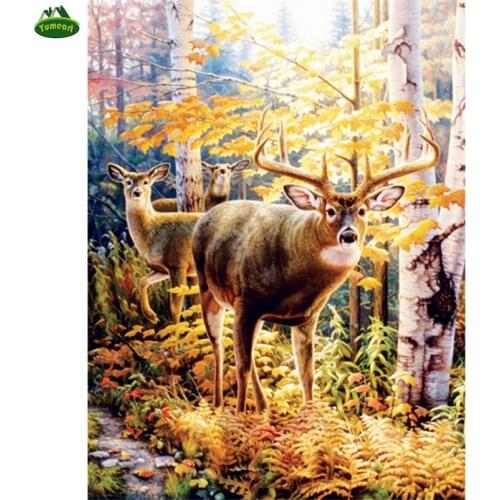YUMEART 5D DIY Diamond Embroidery Deer Diamond Painting Elk Autumn Season Cross Stitch Kits Landscape Home Wall Decoration