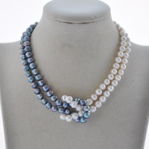 Z10468 2row Twine 16" 7mm Black White Round Freshwater Pearl Necklace