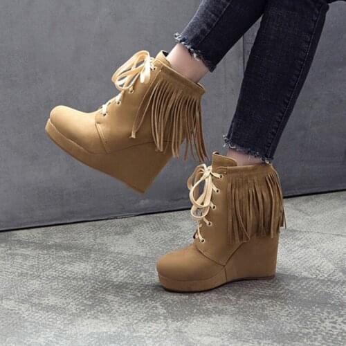 BLXQPYT Ankle boots for women large size 35-50 winter warm Fringe boots wedges heels11cm lace up short boots shoes woman 3017