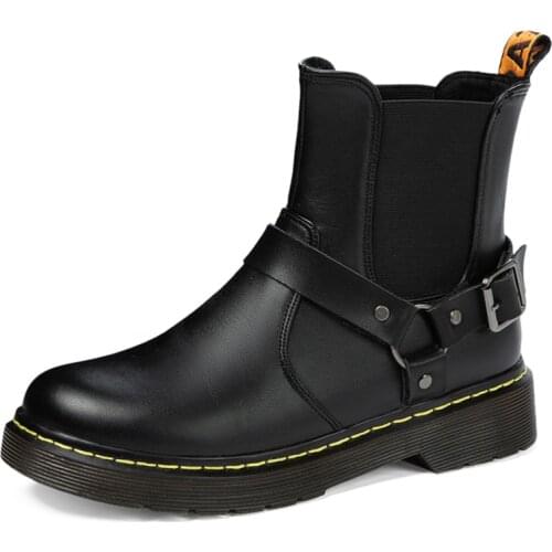 Flat Heel Thick Bottom Belt Buckle TPR Punk Womens Boots New Round Toe Retro Motorcycle Short Boots Elastic Band Sleeve Shoes