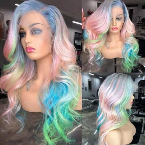 Pink Body Wave Lace Front Wig Blue Highlight Wig Human Hair With Grey Roots Transparent Lace Wigs For Women Human Hair Brazilian