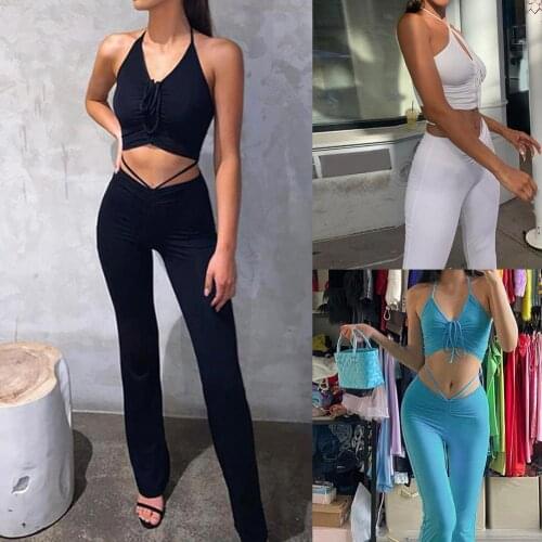 80% Hot Sales!!Women Outfit Solid Color Drawstring Summer Sleeveless Crop Top Pants Set for Dating