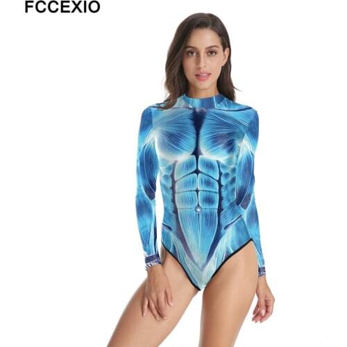 FCCEXIO Blue Muscle Line Printed Women One-Piece Swimsuit Summer Casual Long Sleeve Beachwear Bathing Suit Sexy Tight Swimwear