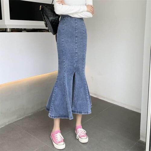 Zoki Stretched Women Mermaid Denim Skirt Summer High Waist Split Fork Black Fashion Ruffles Midi Jeans Skirt Korean Casual Falda