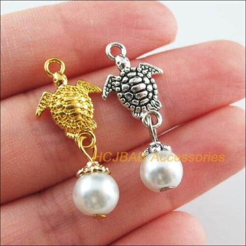 18Pcs Gold Tibetan Silver Tone Animal Tortoise White Glass Beads Charms Pendants 13.5x21mm