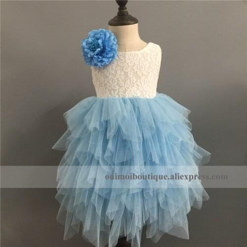 2018 Sky Blue Princess tulle Long dress spring V back lace party dresses Fashion girls puffy wedding clothe 5 layers with flower