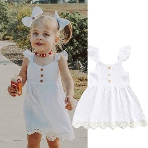 2021 0-6Y Summer Kids Girls Princess Dress Summer Cotton Linen Clothes White Solid Sleeveless Button Pleated Romper Dress 2pcs