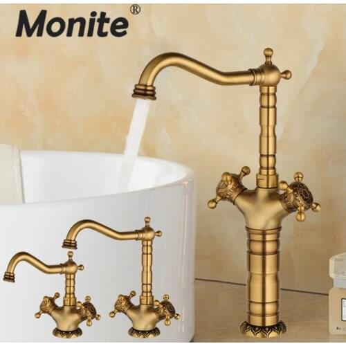Monite Antique Brass Bathroom Faucet Ceramic Waterfall Short Long Brass Basin Faucet Lavatory Combine Set Faucet Mixer Tap