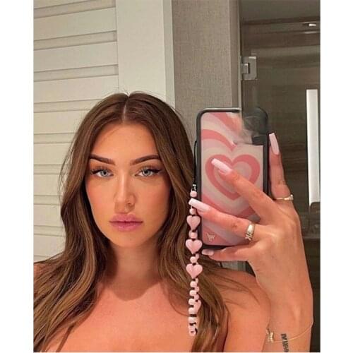 Boho Key Chain Accessories Creative Multicolor Striped Acrylic Heart Shape Mobile Phone Chain Lanyard Keychain for Girls 2021