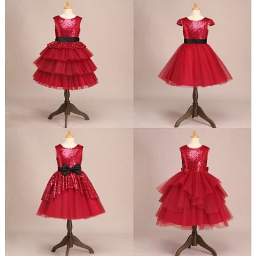 Children Girls Birthday Red Party Dresses Red Tutu Flower Girls Dresses Tutu Kids Girls Celebration Christmas New Year Dress