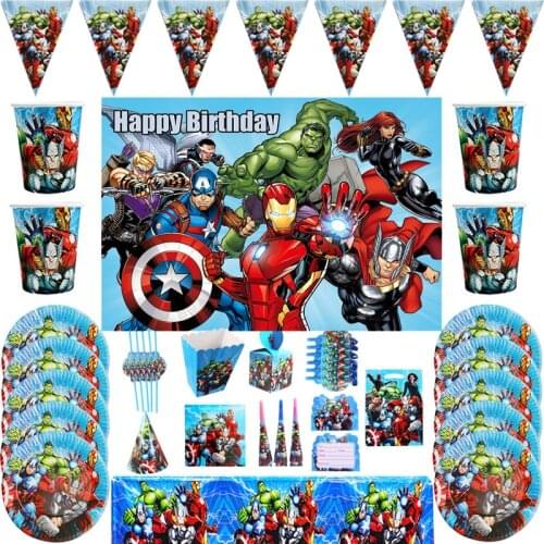 Disney Superhero Theme Party Supplies Paper Plate Cup Straws Horn For Kids Birthday Party Banners Decor Balloon Disposable Set