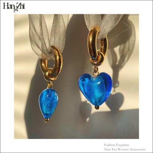 Long Women Drop Earrings European and American Personal Heart-Shaped Simple Golden Ring Ethnic Style Colorful Glass Pendant 2021