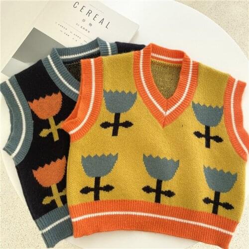Baby Kids Boys and Girls V-neck Sleeveless Flower Pattern Knit Woolen Vest Pullovers Sweater for Children Autumn Clothes Tops