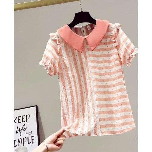 Sweet Blouses Femme 2021 Summer New Fashion Elegant Doll Collar Shirt Striped Polka Dot Short Sleeve Chiffon Top Shirts