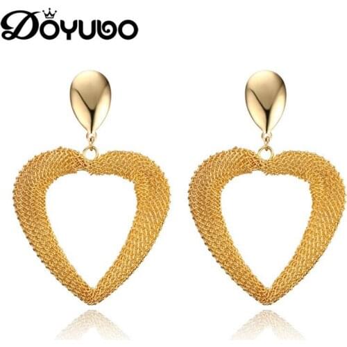 DOYUBO Bohemia Stainless Steel Big Heart Drop Earrings For Women New Gold Color Lovely Metal Earrings Fashion Accessories DB029