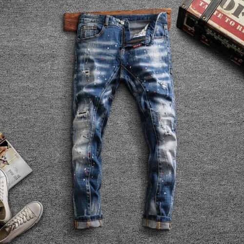 American Streetwear Fashion Men Jeans Retro Blue Elastic Slim Fit Ripped Cotton Denim Pants Painted Designer Hip Hop Trousers