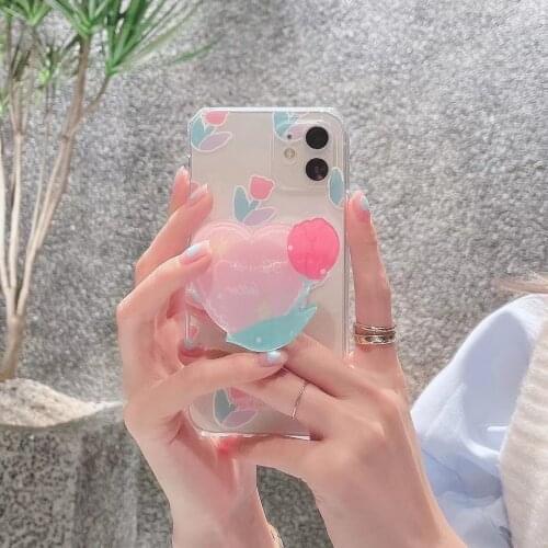 Ins Korea Tulip Floral Holder Clear Phone Case For iPhone12 11Pro Xsmax 78Plus SE2020 XR Soft Full Cover Skinny Capa Protection