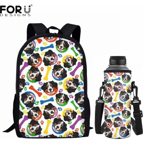 FORUDESIGNS Childrens Schoolbags Set 3D Cute Dog Color Bone Print Backpacks Water Bottle Case Large Capacity Bookbag Cup Covers