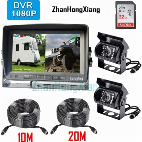 2x HD 1080P 18LED IR Reversing Backup Camera Kit +7" IPS 2CH Split DVR Rear Vew Monitor System For RV Bus Truck Trailer 32GB
