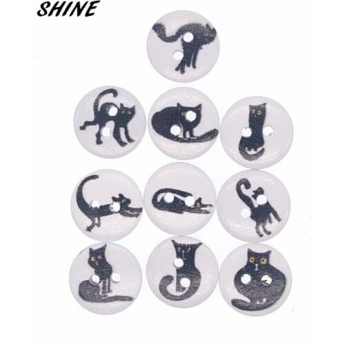 SHINE Brand 50Pcs/Lot Round Wooden Buttons Cats Painting 15mm Mixed Random DIY Craft Scrapbooking Sewing Accessories W10048