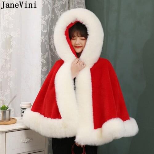 JaneVini 2021 Burgundy Hooded Fur Cape Shawl Stola White Black Faux Fur Jacket Stole Wedding Bolero Bridal Shrugs Cloak with Hat
