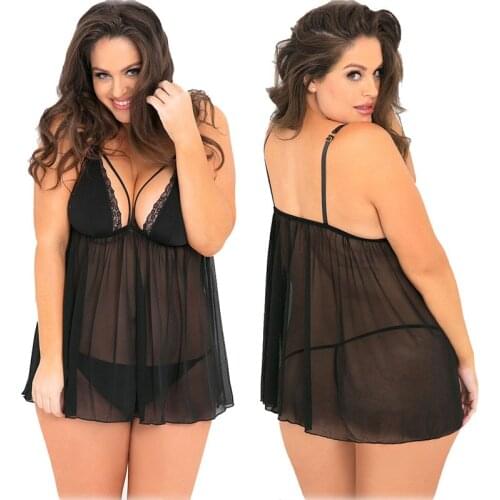Top Fashion Sexy Mesh Womens Nightdress See Through Large Size Black European And American Sexy Sleepwear