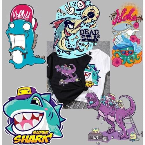 Fashion Cartoon Shark Dinosaur Iron on Patches For DIY Heat Transfer Clothes T-shirt Thermal transfer stickers Decor Printing