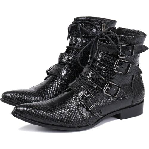 Mens Party Leather Boots Plus Size Buckle Lace Up Man Black Ankle Boots Club Prom Fashion Man Cowboy Boots Motorcycle Boots