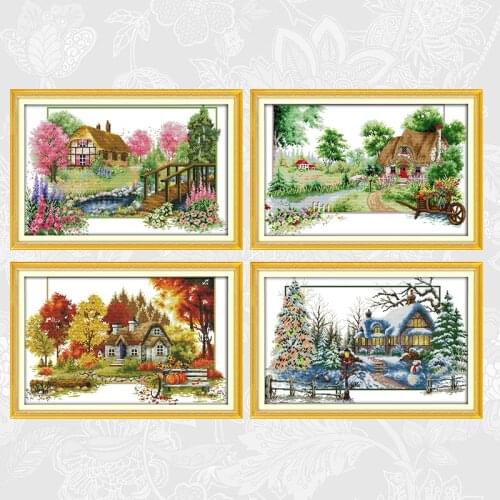 Four Seasons landscape Painting Count Aida Cross Stitch kits Sale, Needlework Embroidery Set, Send Accessory Tools Home Decor