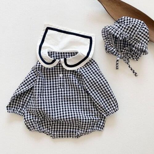 Newborn Infant Baby Boys Girls Grid Rompers + Hat Clothing Spring Kids Boy Girl Long Sleeve Rompers Clothes