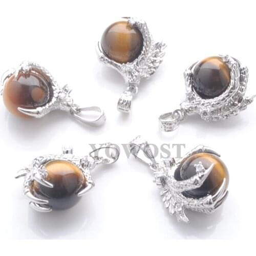 Wholesale 5Pcs Natural Stone Tigers Eye Pendants Round Ball Bead Dragon Claw Crystal Reiki Chakra Women Gift QN3111