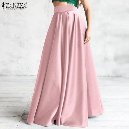 ZANZEA Zipper Solid OL Jupe Robe Summer Elegant Satin Long Skirt Women High Waist Loose Sundress Holiday Party Retro Faldas Saia