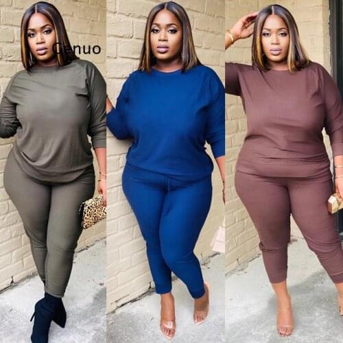 Plus Size active wear women solid color two piece set long sleeve tee tops long pants suit sweat suit tracksuit female outfit