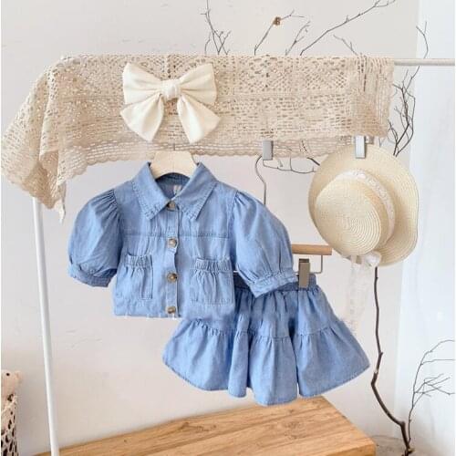 Retail 2021 New Baby Girls Summer Fashion Jean Sets, Top+ Skirts 3-7T