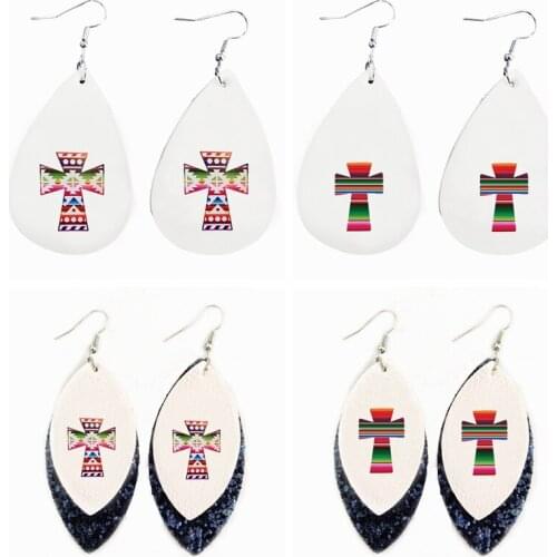 Diy Earrings Love Serape Cross Print Faux Layers Glitter Leather Teardrop Earrings