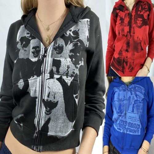 Womens Hooded Jacket Y2K Long Sleeve Top European and American Head Print Cardigan Slim Females Hoodies