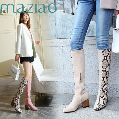 2019 Fashion Snake Autumn Winter Boots Women Pointed Toe Zip Knee-High Boots High Heels Shoes Mixed Colors Women Boots MAZIAO