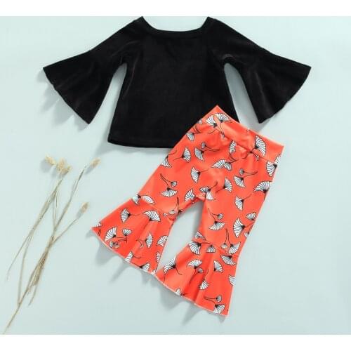 0-5Y Autumn Baby Girls Cute Clothes Sets Velvet Solid Flare Sleeve Off Shoulder Tops Printed Flare Pants