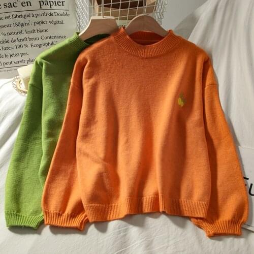 Korean Solid O-Neck Knitted Pullover 2020 Autumn Winter Sweet Fruit Embroidery Loose Women Sweater Cute Femme Jumper