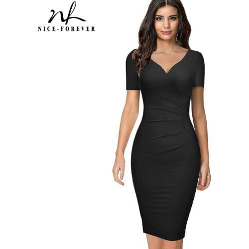 Nice-forever Summer Women Elegant Pure Color Office Dresses Formal Business Party Slim Fitted Dress B621