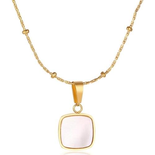 2021 Europe And America Jewelry Stainless Steel Shell Square Brand Round Bead Pendant Golden Niche Bead Chain Necklace Foe Women