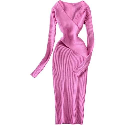 New Spring Autumn Women Sexy Crossed V-Neck Long Sleeve Slim Dress Elegant Knitted Dress
