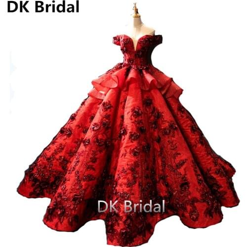 Burgundy Ball Gown Dubai Formal Evening Dresses robe de soiree Long Flowers Evening Gowns Off Shoulder Wedding Party Ball Dress